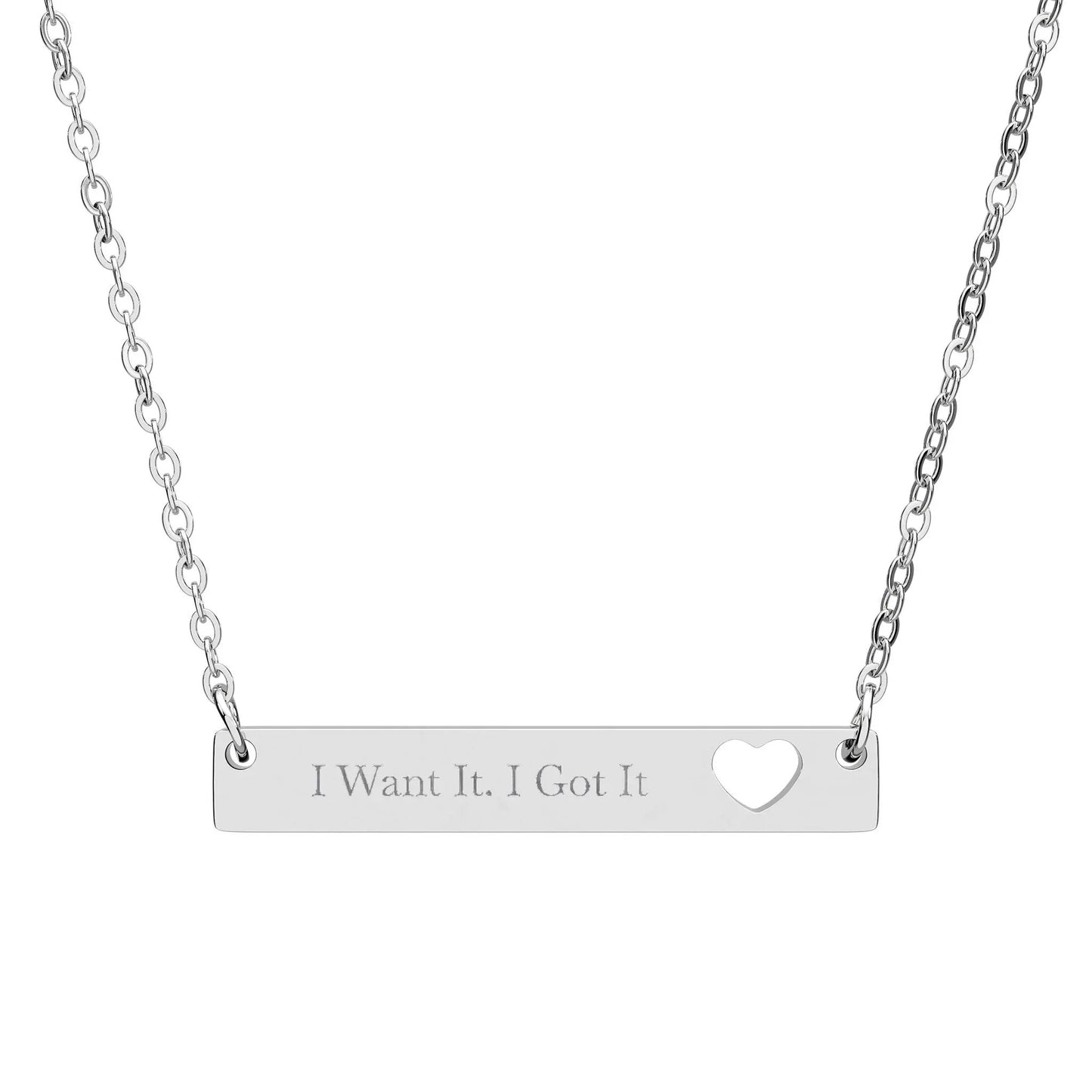 “I want it. I got it” Engravable Heart Bar Necklace — Personalized Name Plate Pendant Printify