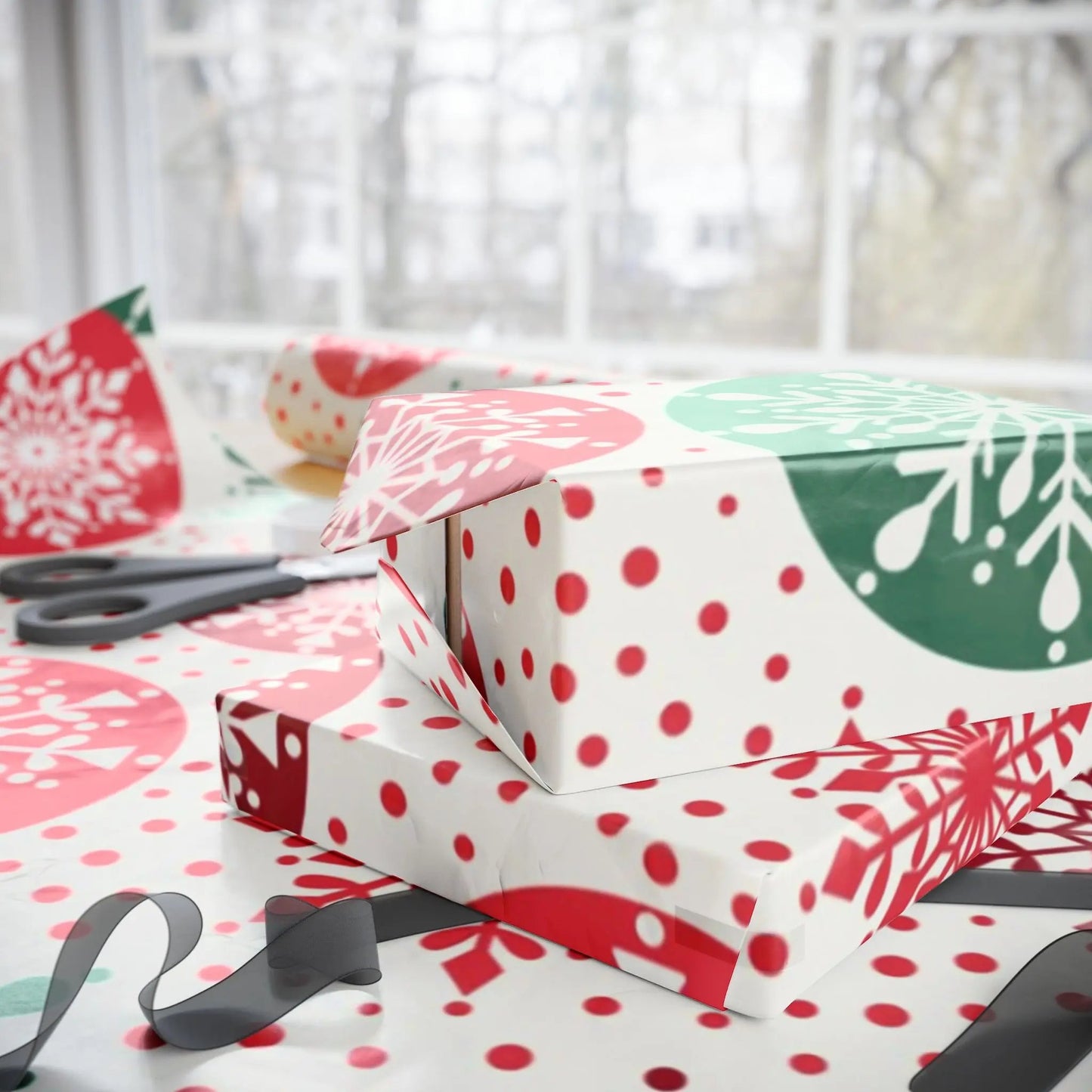 Christmas Snowflake Wrapping Paper — Red & Green Holiday Gift Wrap Printify