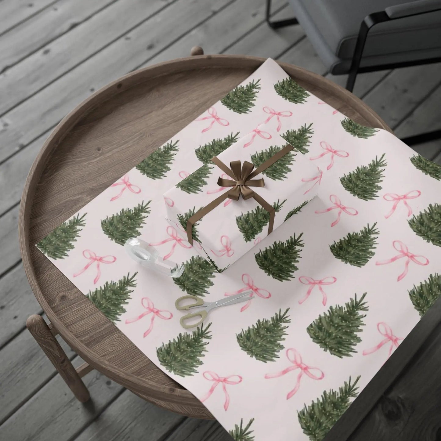 Christmas Wrapping Paper Roll — Pink Bows, Mini Trees & Star Cookies Holiday Gift Wrap Printify