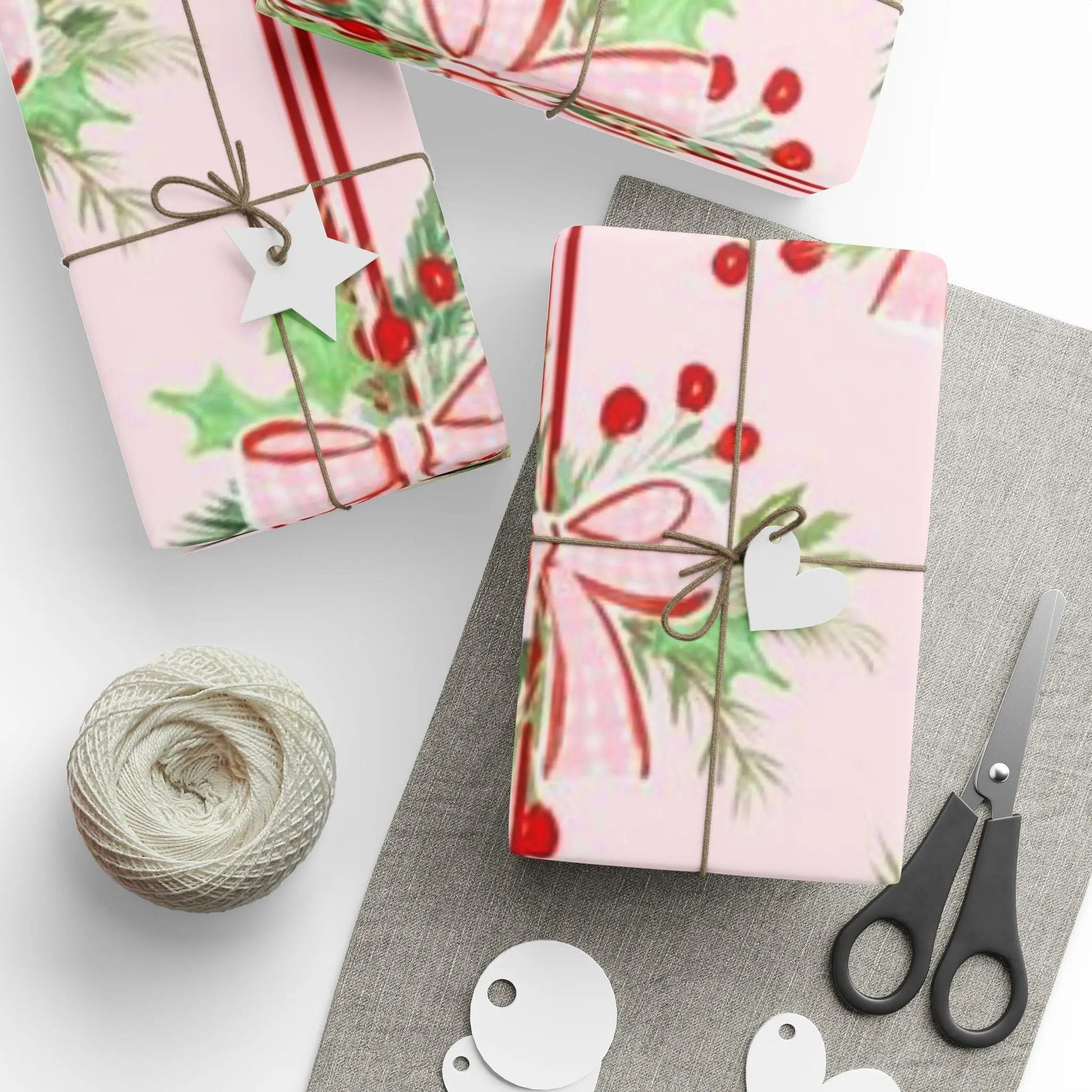 Christmas Bow & Berries Wrapping Paper — Pink Holiday Gift Wrap Printify
