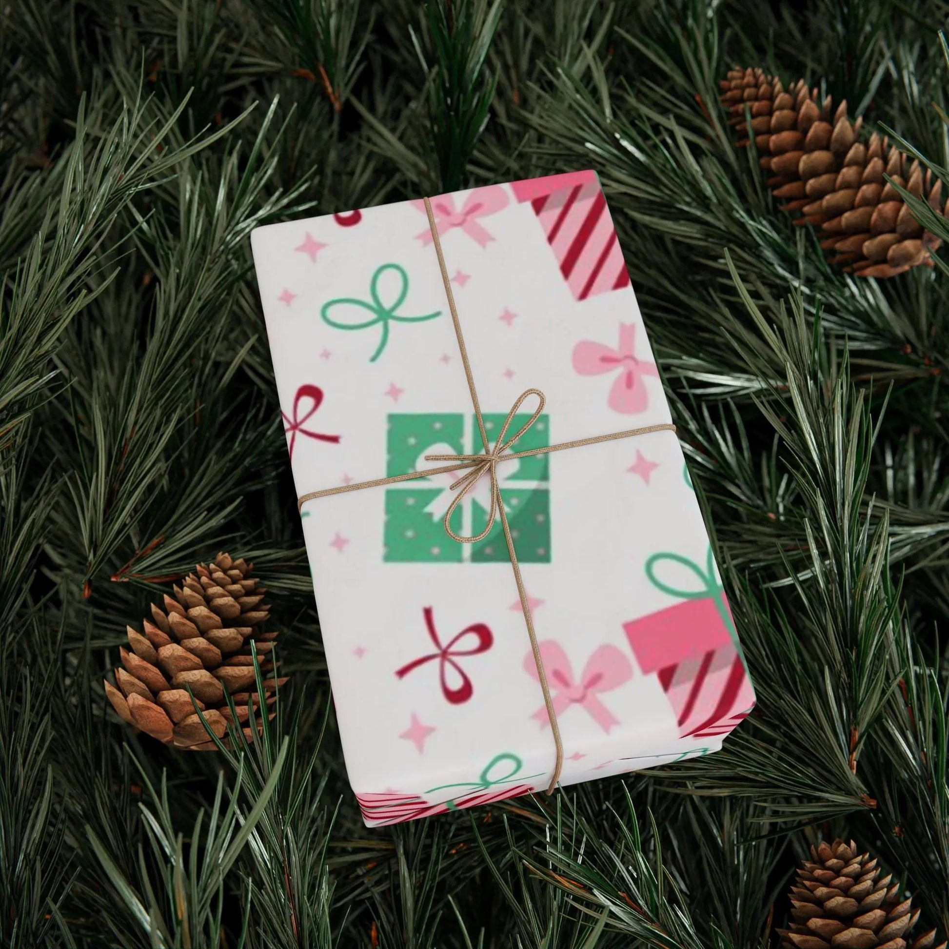 Holiday Gift Wrap Paper — Pink & Green Present Pattern (Christmas Wrapping Paper) Printify