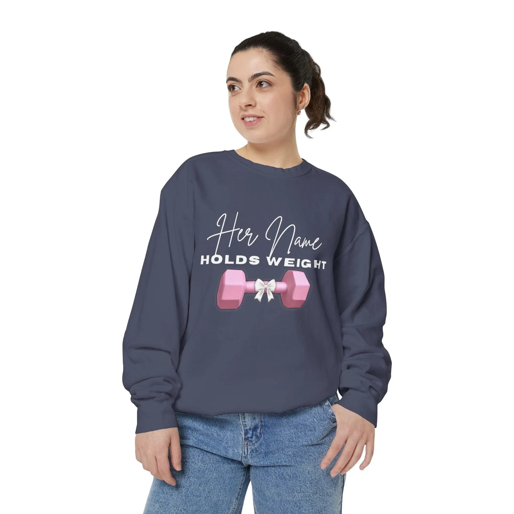 "Her Name Holds Weight" Pink Dumbbell Fitness Crewneck Sweatshirt Printify