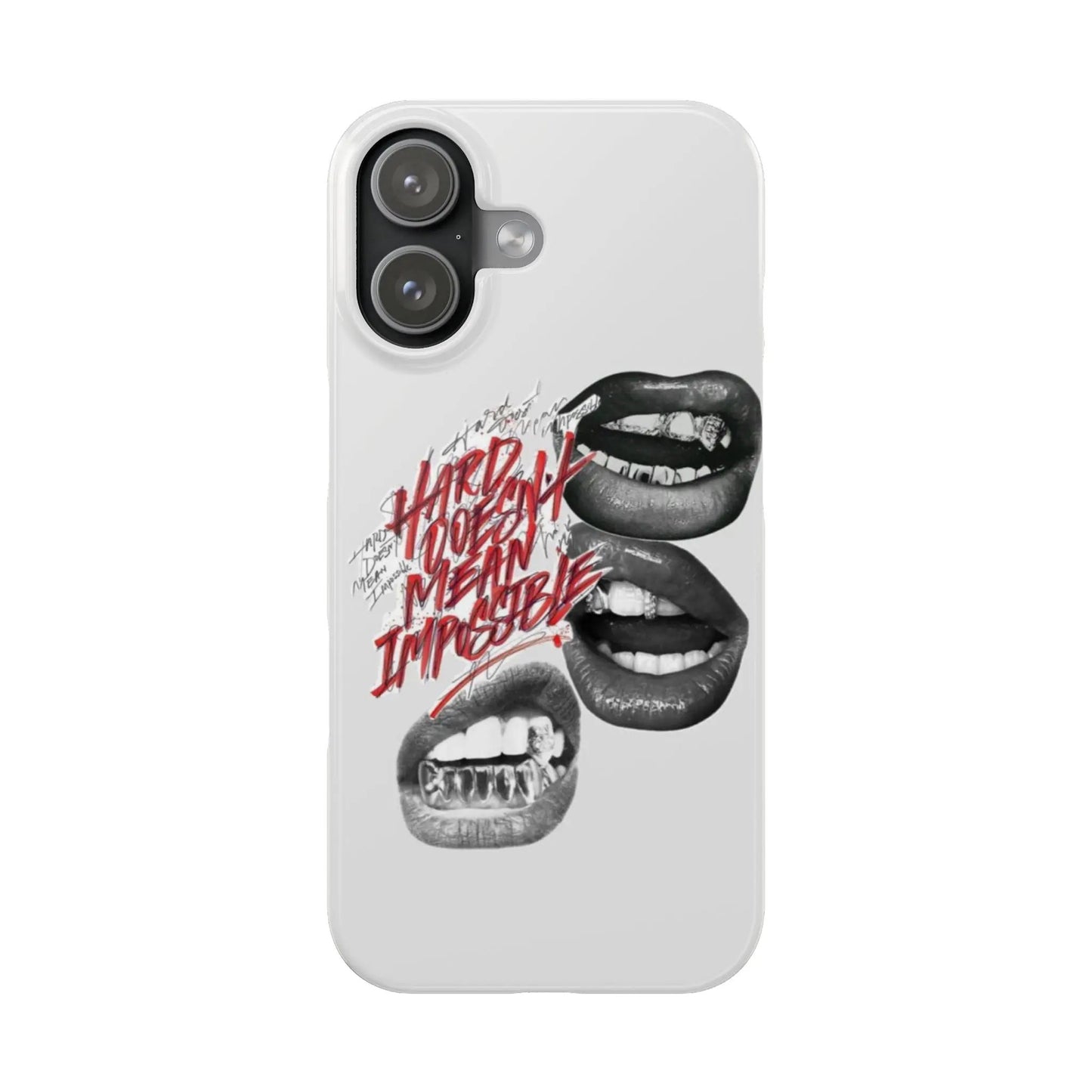 Slim iPhone17 Case — Bold Lip Art with “Happy Hour Means Impossible” Graphic Printify