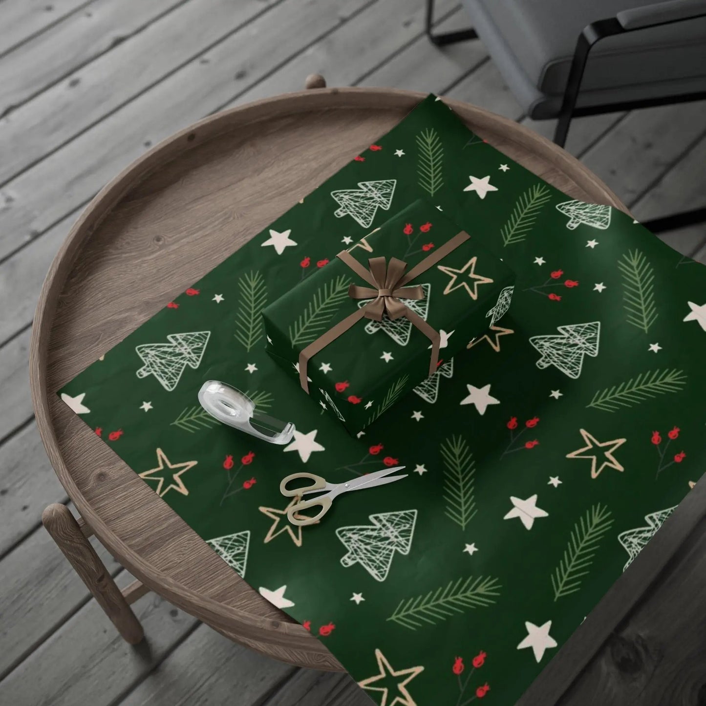 Christmas Tree Pattern Wrapping Paper — Green Holiday Gift Wrap with Stars & Pine Sprigs Printify