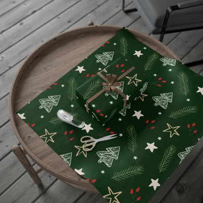 Christmas Tree Pattern Wrapping Paper — Green Holiday Gift Wrap with Stars & Pine Sprigs Printify