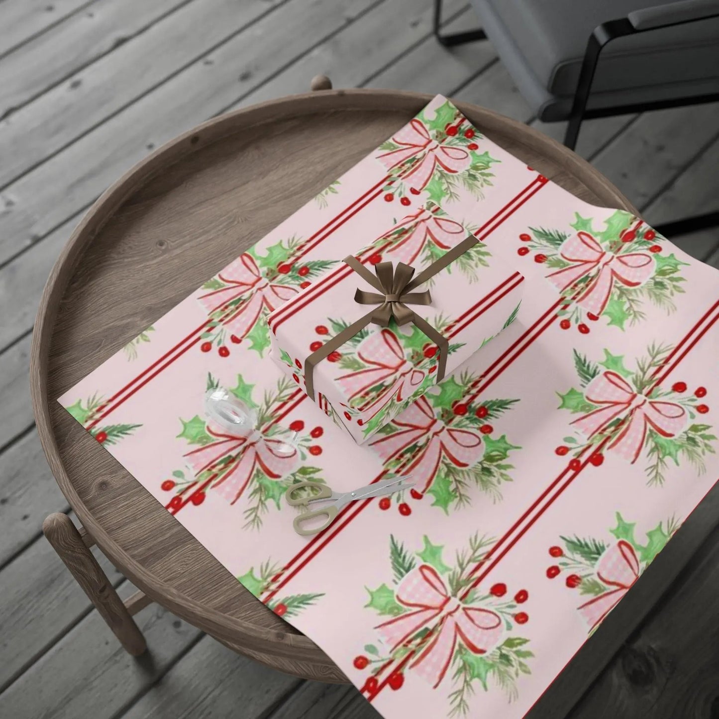 Christmas Bow & Berries Wrapping Paper — Pink Holiday Gift Wrap Printify