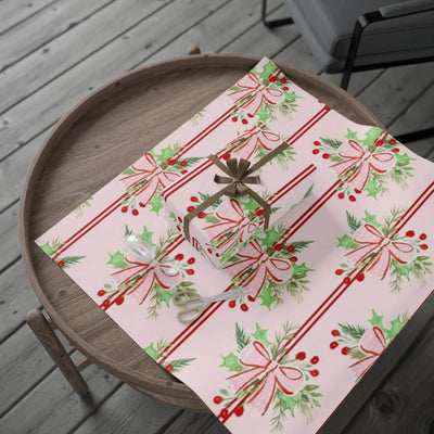 Christmas Bow & Berries Wrapping Paper — Pink Holiday Gift Wrap Printify