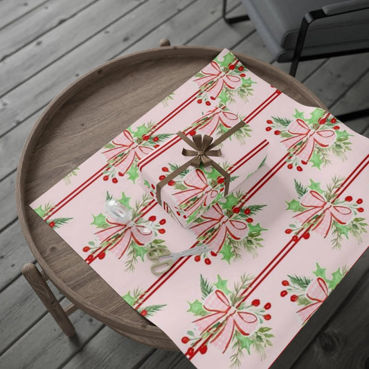 Christmas Bow & Berries Wrapping Paper — Pink Holiday Gift Wrap Printify