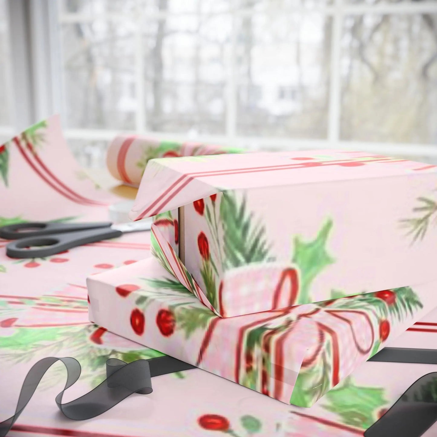Christmas Bow & Berries Wrapping Paper — Pink Holiday Gift Wrap Printify