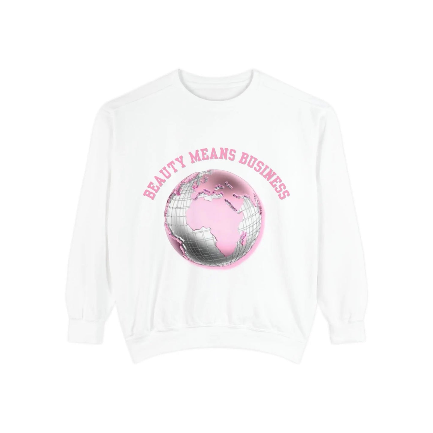 Beauty Means Business Sweatshirt — Pink Globe Graphic Crewneck Printify