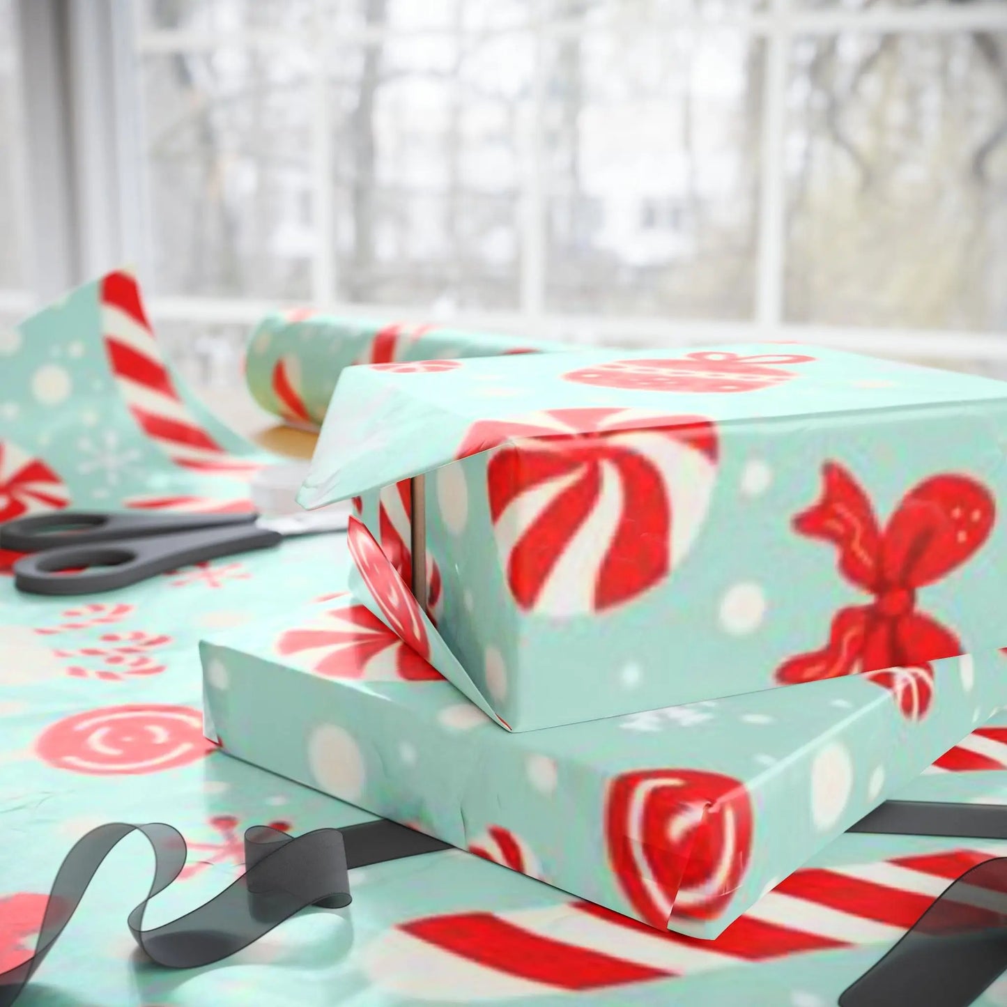 Christmas Candy Cane Wrapping Paper Roll — Retro Mint & Red Holiday Gift Wrap Printify