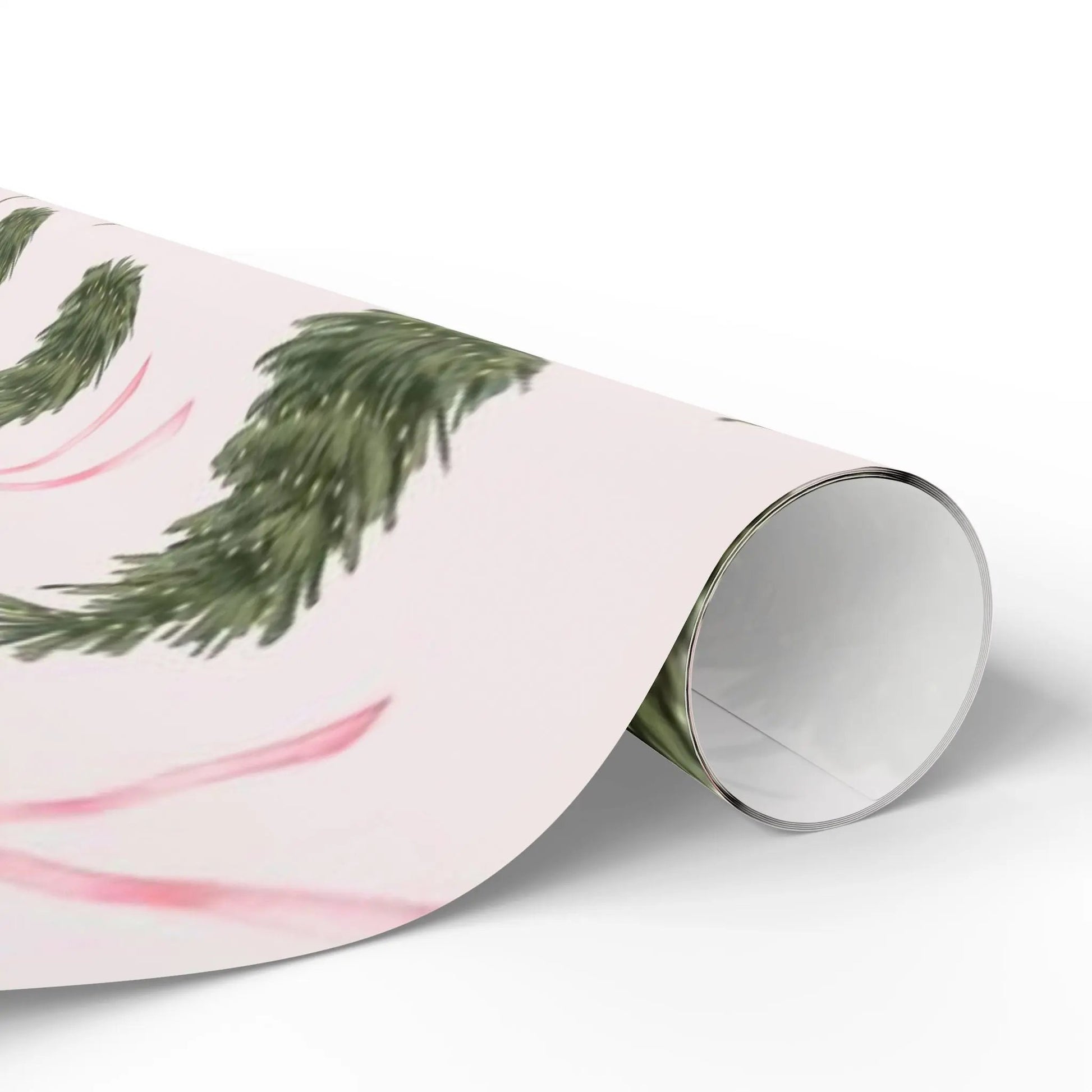 Christmas Wrapping Paper Roll — Pink Bows, Mini Trees & Star Cookies Holiday Gift Wrap Printify
