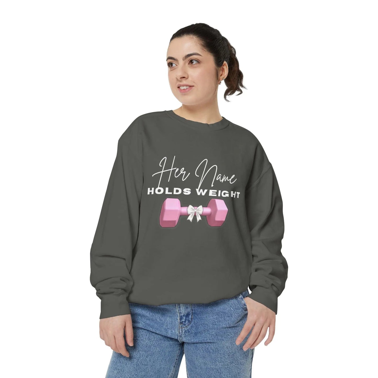 "Her Name Holds Weight" Pink Dumbbell Fitness Crewneck Sweatshirt Printify