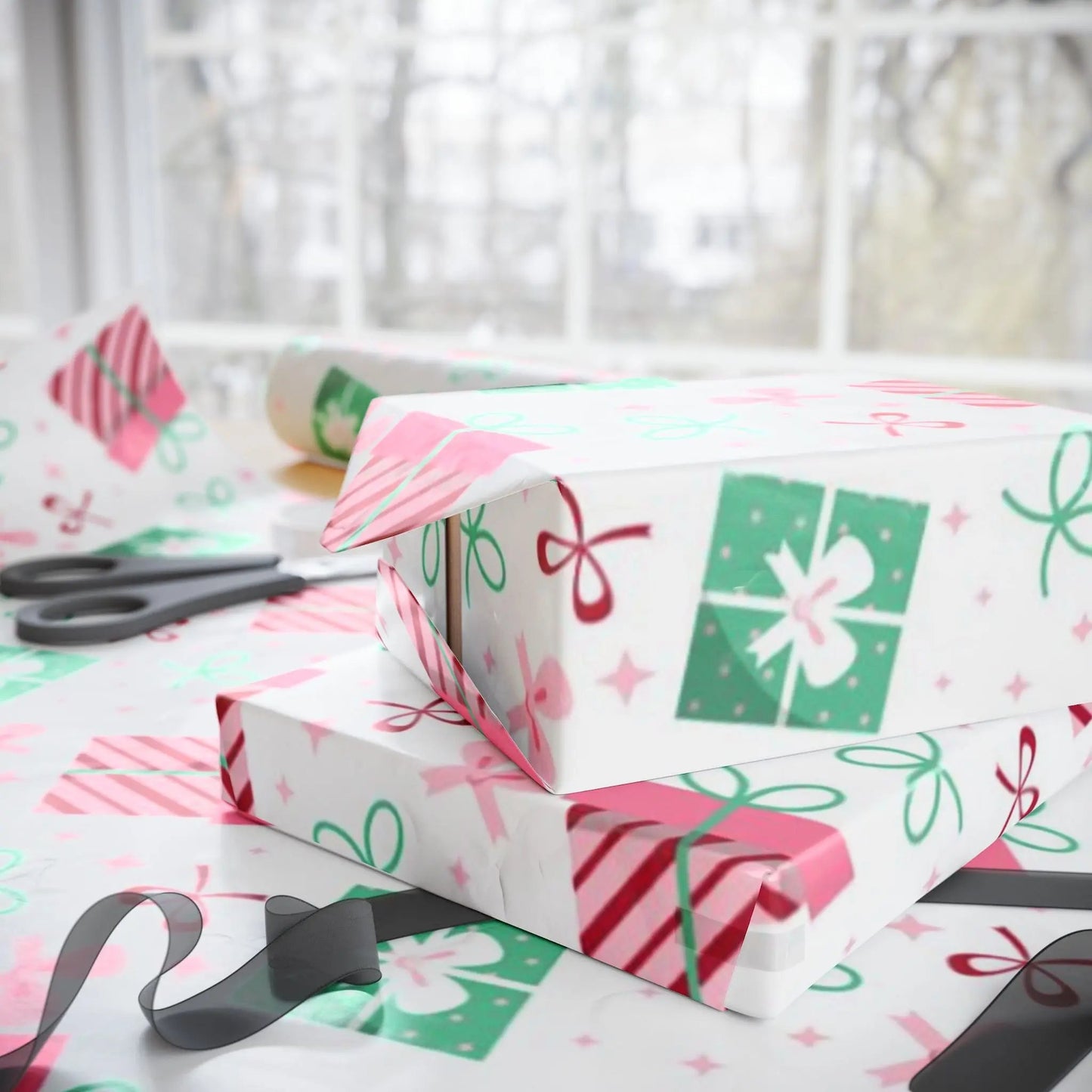 Holiday Gift Wrap Paper — Pink & Green Present Pattern (Christmas Wrapping Paper) Printify