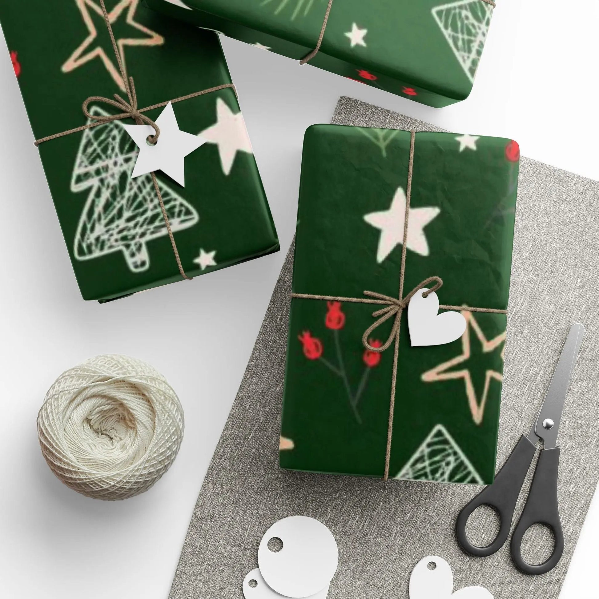 Christmas Tree Pattern Wrapping Paper — Green Holiday Gift Wrap with Stars & Pine Sprigs Printify