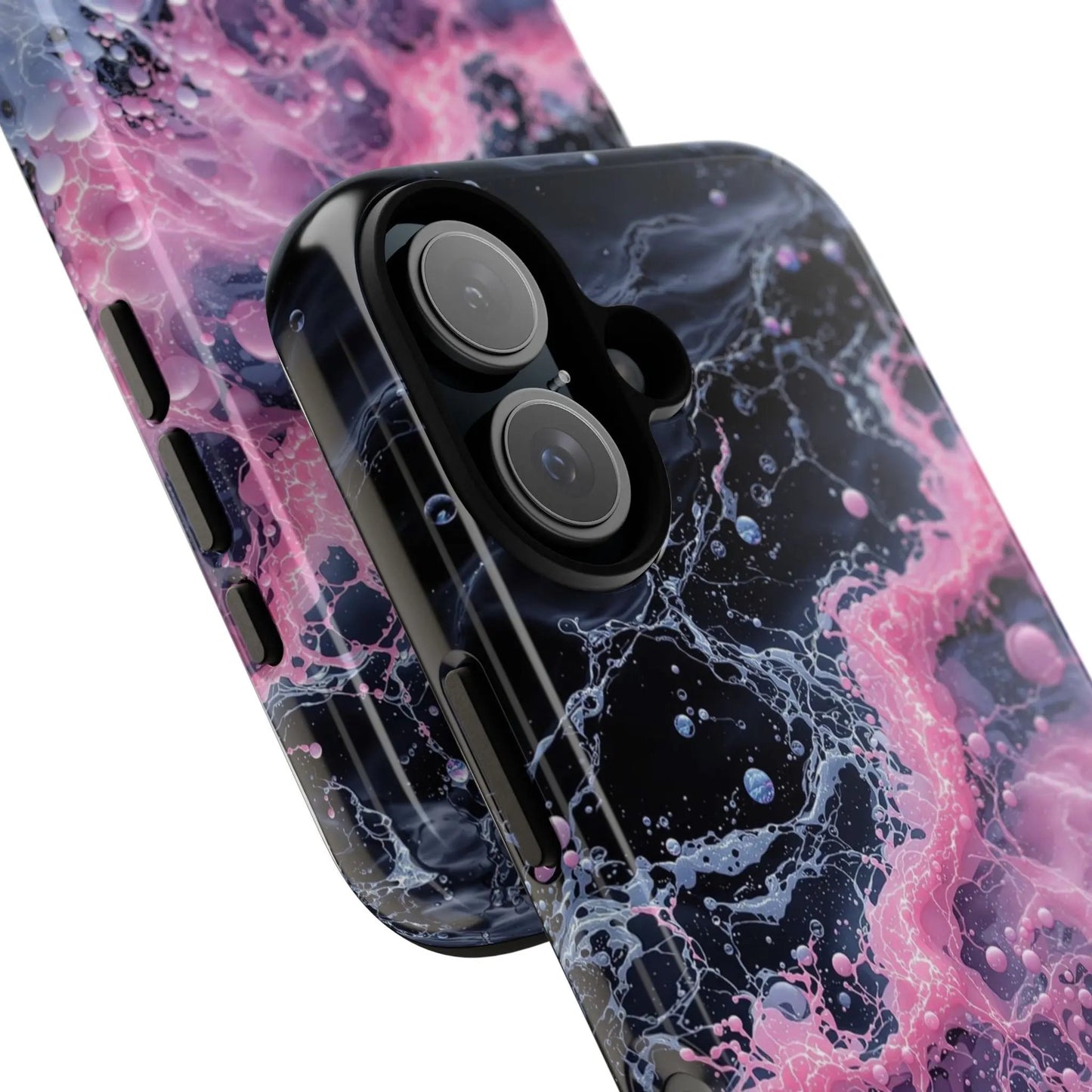 IPhone16 Case — Pink & Black Marble Splash Protective Tough Case Printify