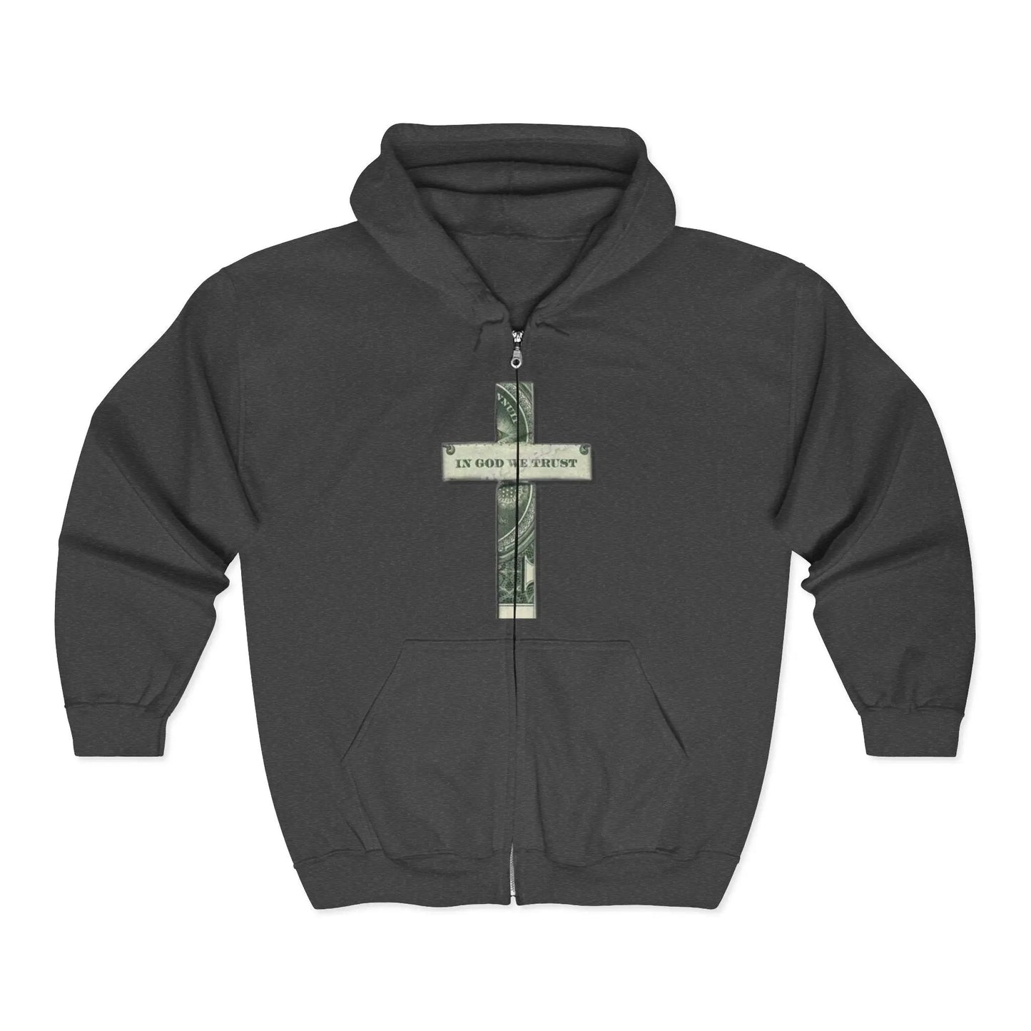 Money Cross Zip Hoodie — 'In God We Trust' Graphic Christian Faith Sweatshirt Printify