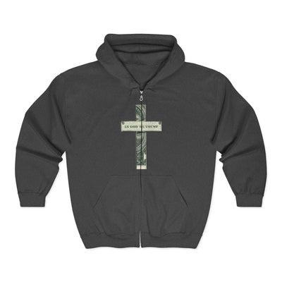 Money Cross Zip Hoodie — 'In God We Trust' Graphic Christian Faith Sweatshirt Printify