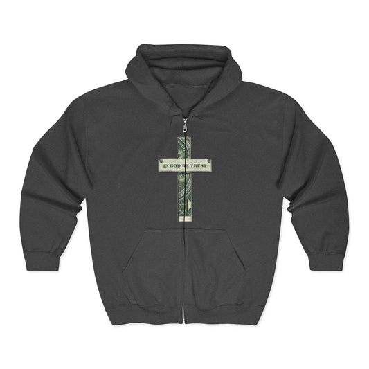 Money Cross Zip Hoodie — 'In God We Trust' Graphic Christian Faith Sweatshirt Printify