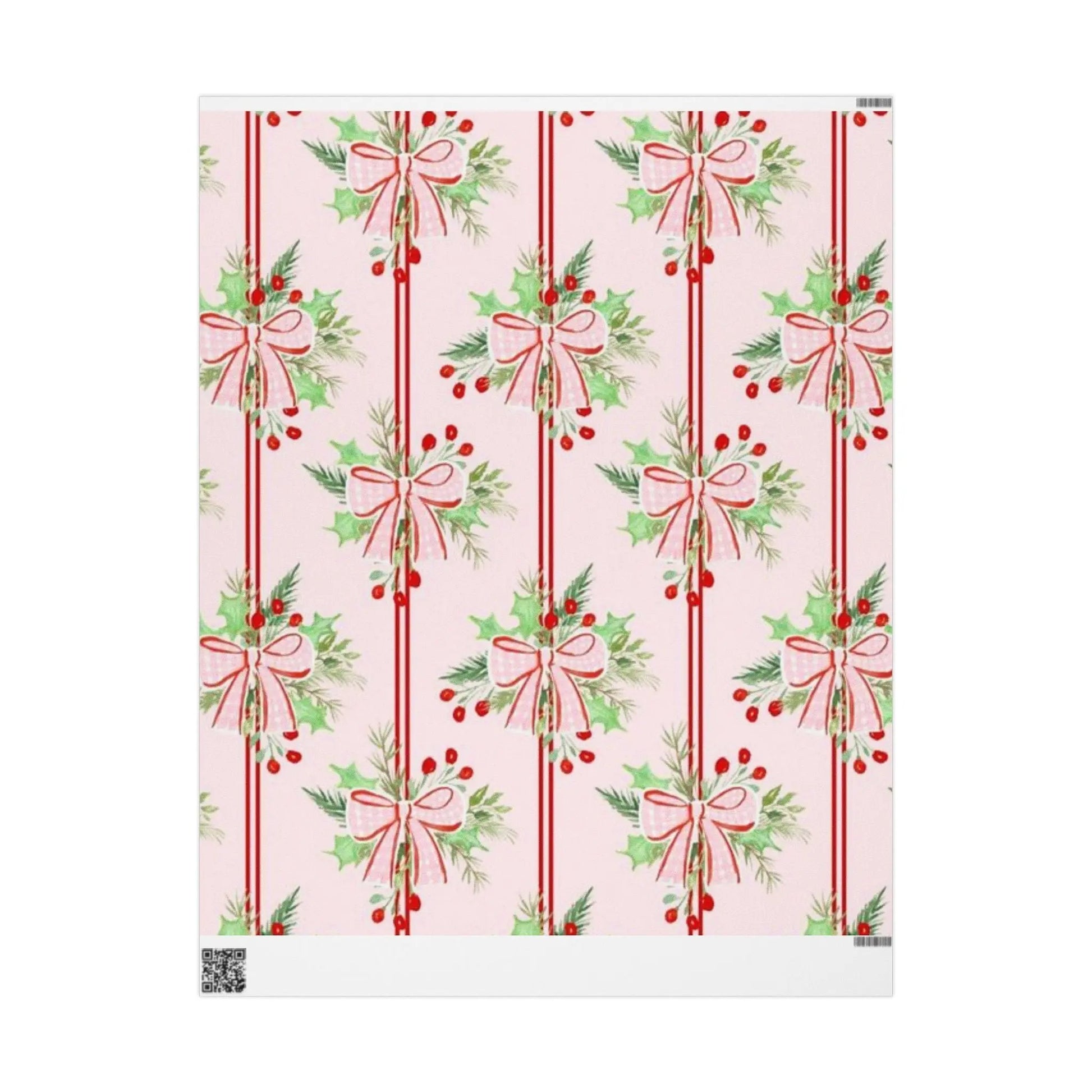 Christmas Bow & Berries Wrapping Paper — Pink Holiday Gift Wrap Printify