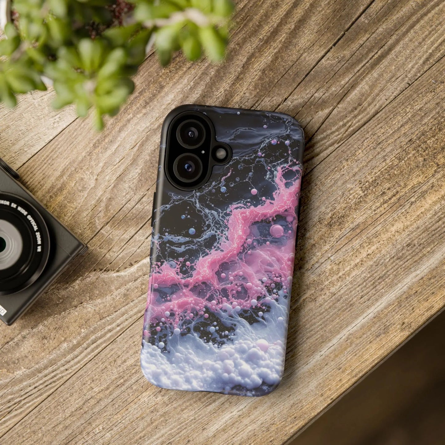 IPhone16 Case — Pink & Black Marble Splash Protective Tough Case Printify