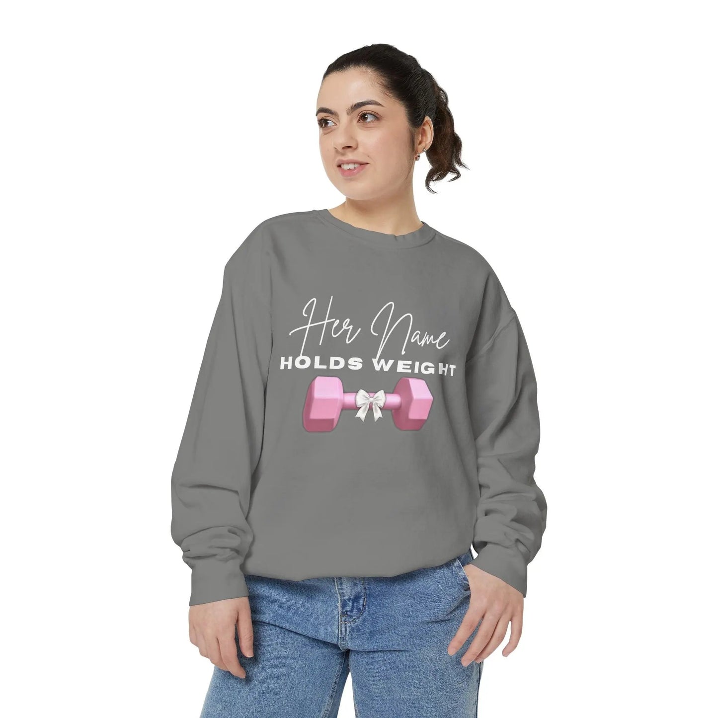 "Her Name Holds Weight" Pink Dumbbell Fitness Crewneck Sweatshirt Printify