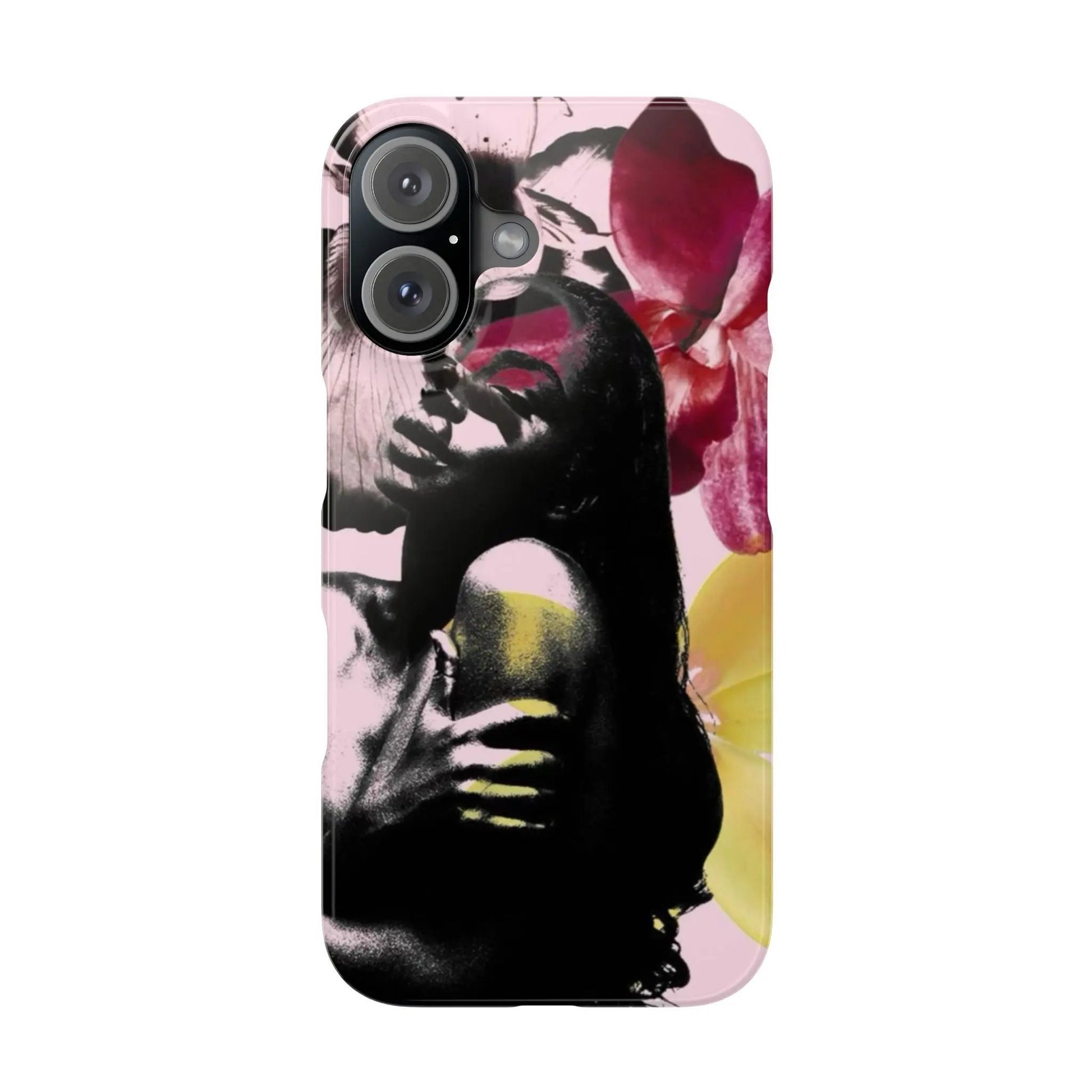 Floral Noir Slim iPhone16 Case — Artistic Woman Portrait with Pink & Yellow Orchids Printify