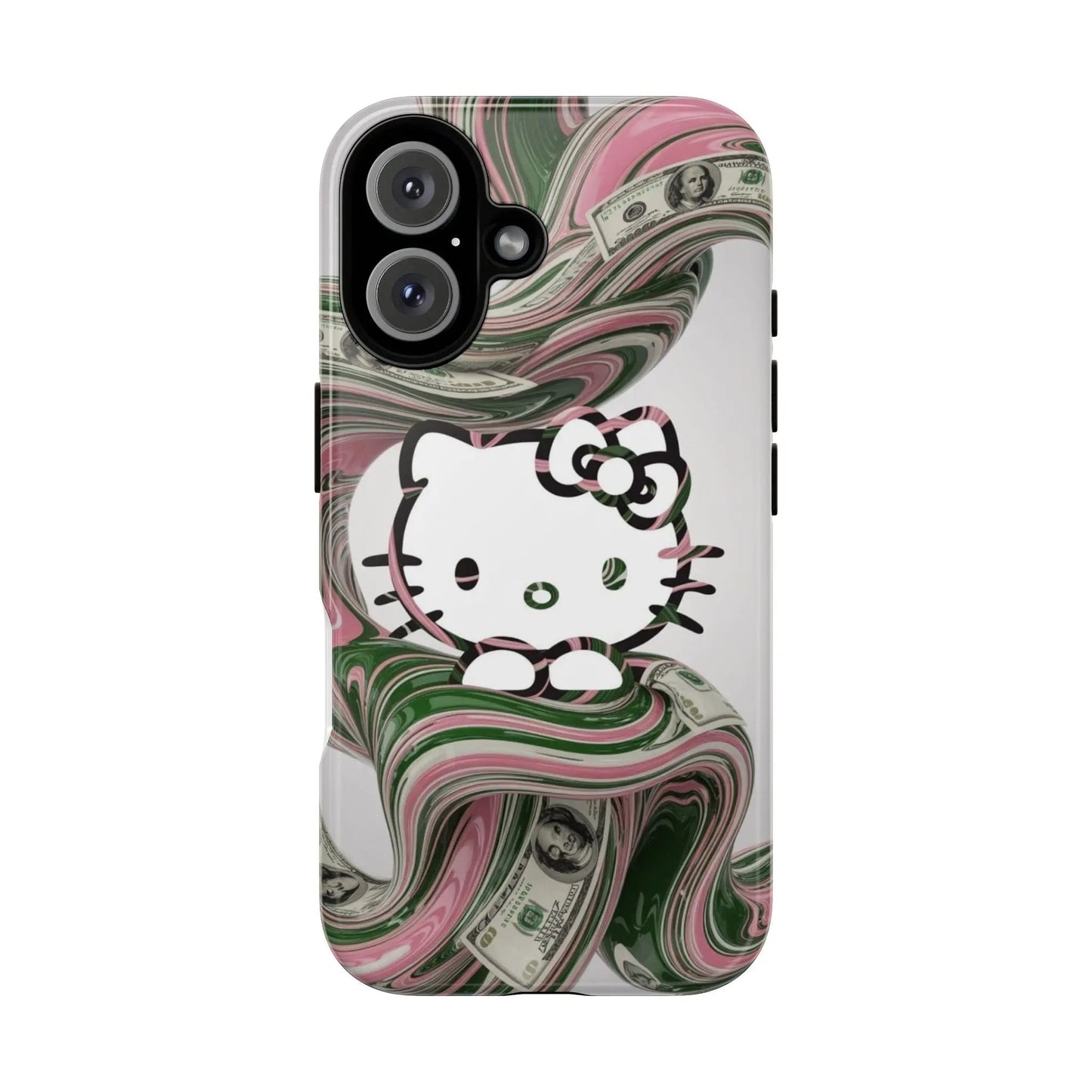 Hello Kitty Money Swirl Tough iPhone16 Case — Cute Pink & Green Protective Cover Printify