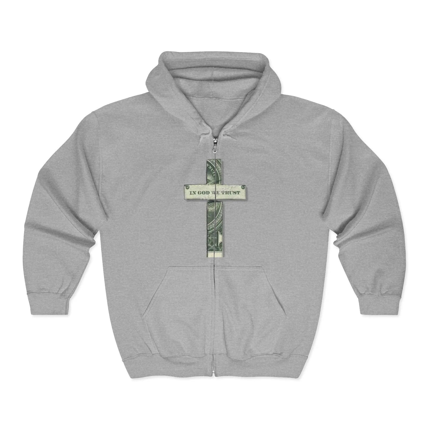 Money Cross Zip Hoodie — 'In God We Trust' Graphic Christian Faith Sweatshirt Printify