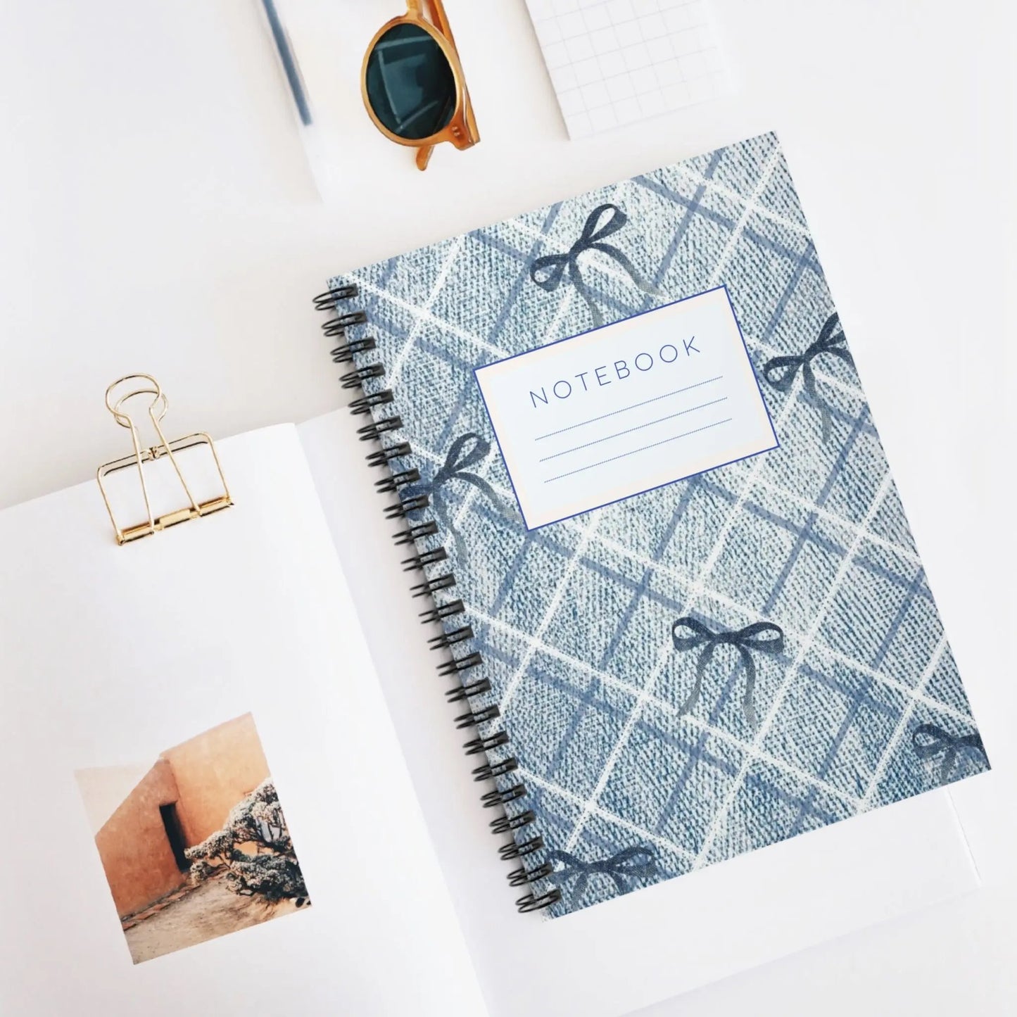 Blue Plaid Bow Spiral Notebook — Ruled Journal for School & Notes Printify