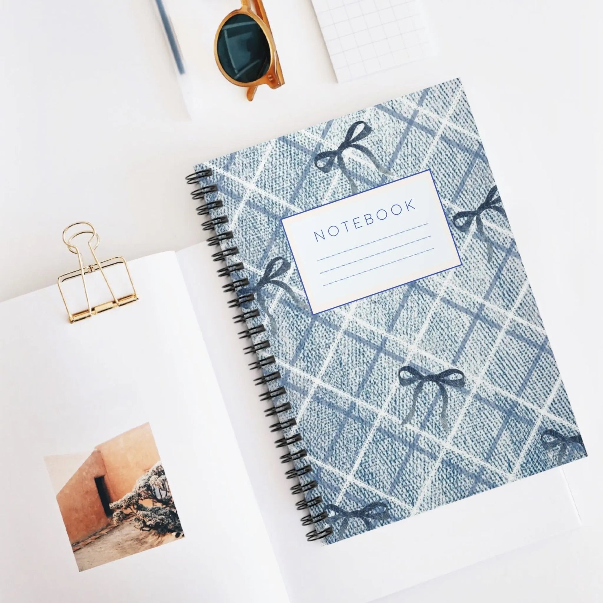 Blue Plaid Bow Spiral Notebook — Ruled Journal for School & Notes Printify