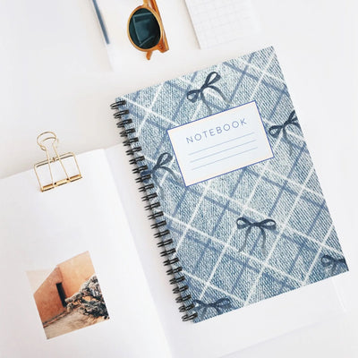 Blue Plaid Bow Spiral Notebook — Ruled Journal for School & Notes Printify