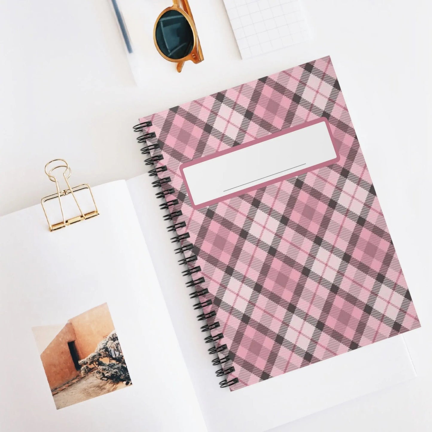 Pink Plaid Spiral Notebook — Ruled Journal with Label Printify