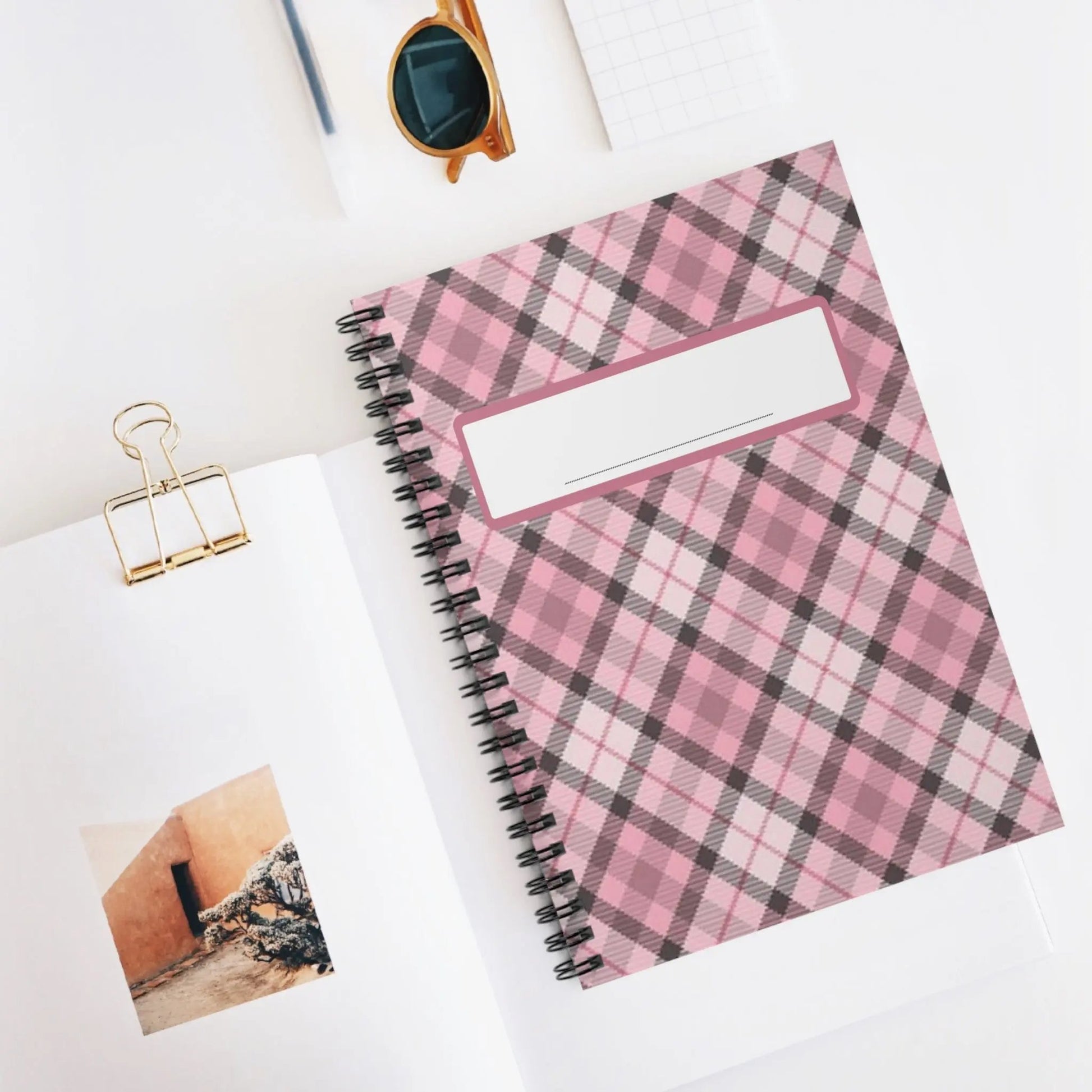 Pink Plaid Spiral Notebook — Ruled Journal with Label Printify