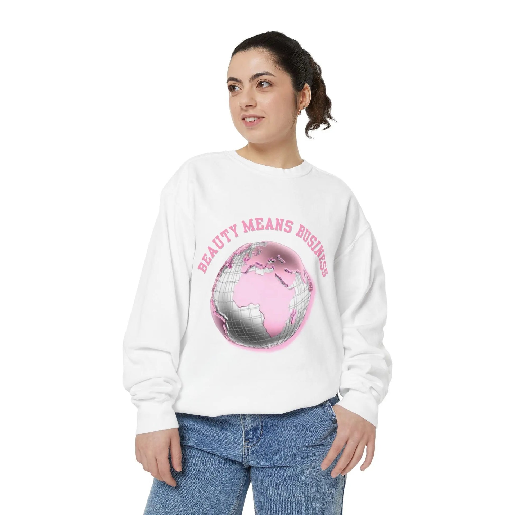 Beauty Means Business Sweatshirt — Pink Globe Graphic Crewneck Printify