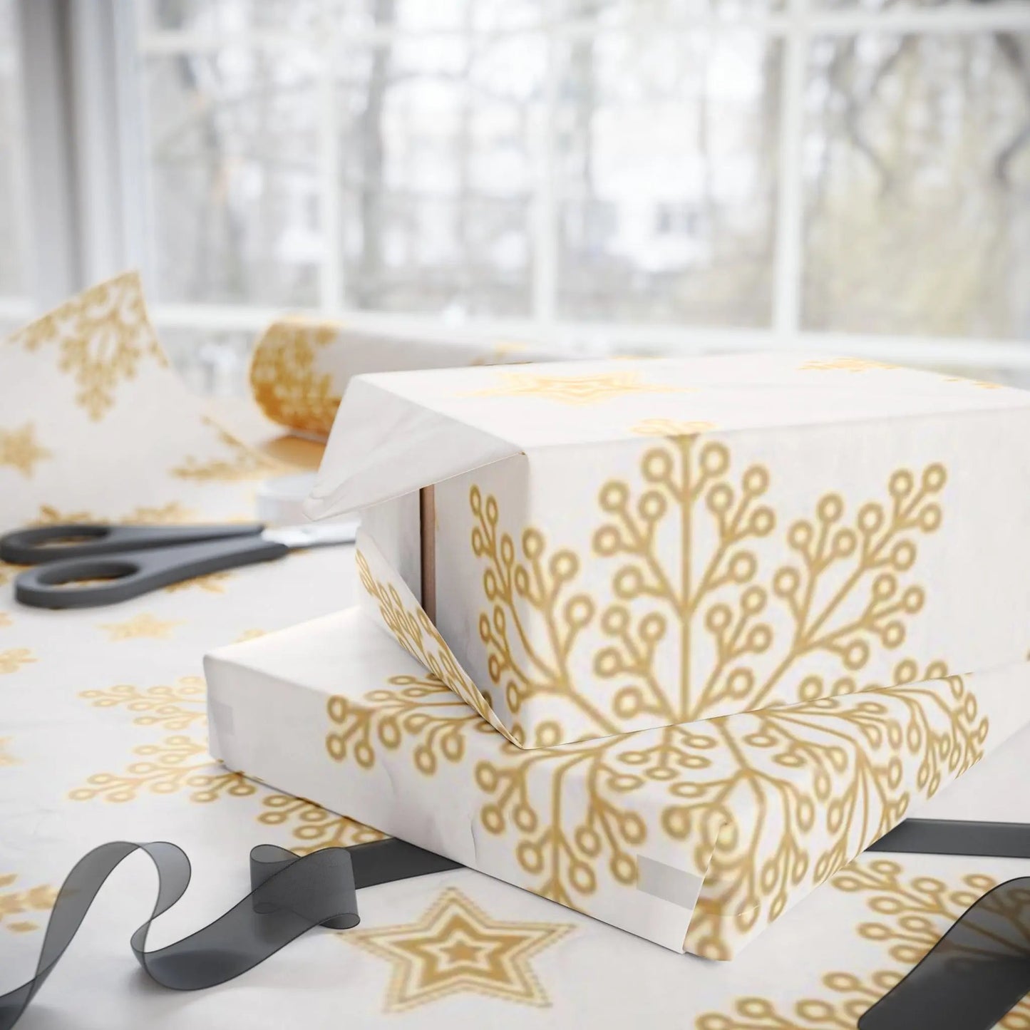 Gold Snowflake Wrapping Paper Roll — Elegant Holiday Gift Wrap Printify