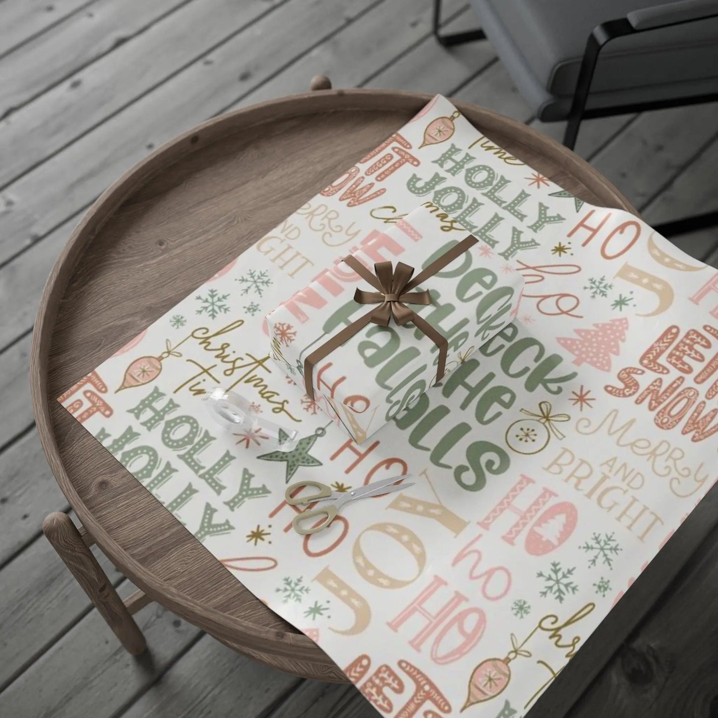 Christmas Word Art Wrapping Paper — Pastel Deck the Halls Gift Wrap Printify