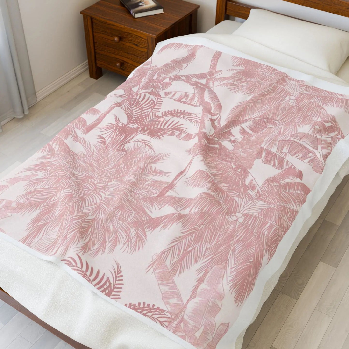 Pink Palm Velveteen Plush Blanket — Tropical Botanical Throw Printify