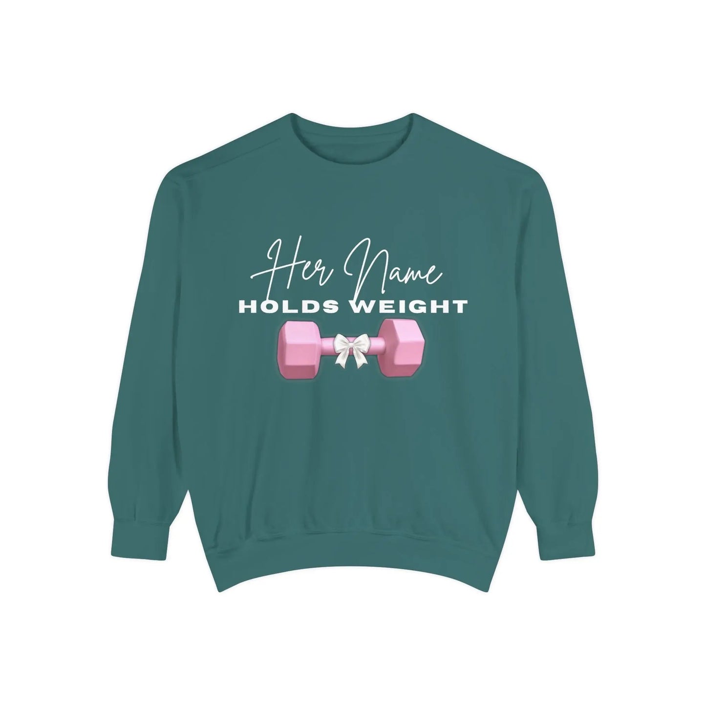 "Her Name Holds Weight" Pink Dumbbell Fitness Crewneck Sweatshirt Printify