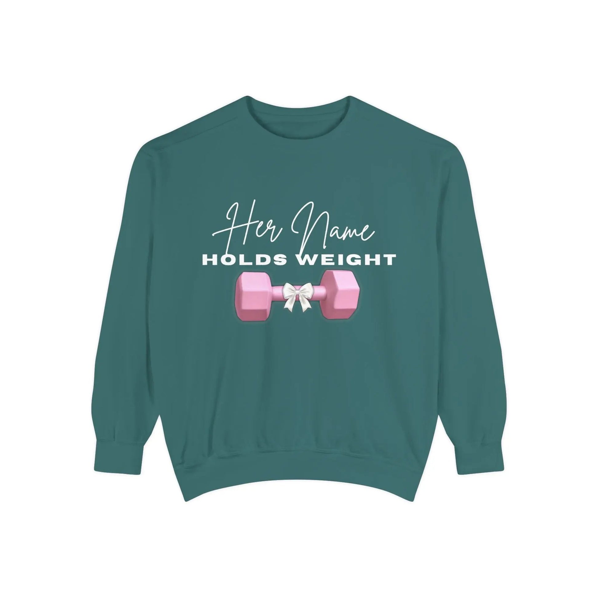 "Her Name Holds Weight" Pink Dumbbell Fitness Crewneck Sweatshirt Printify