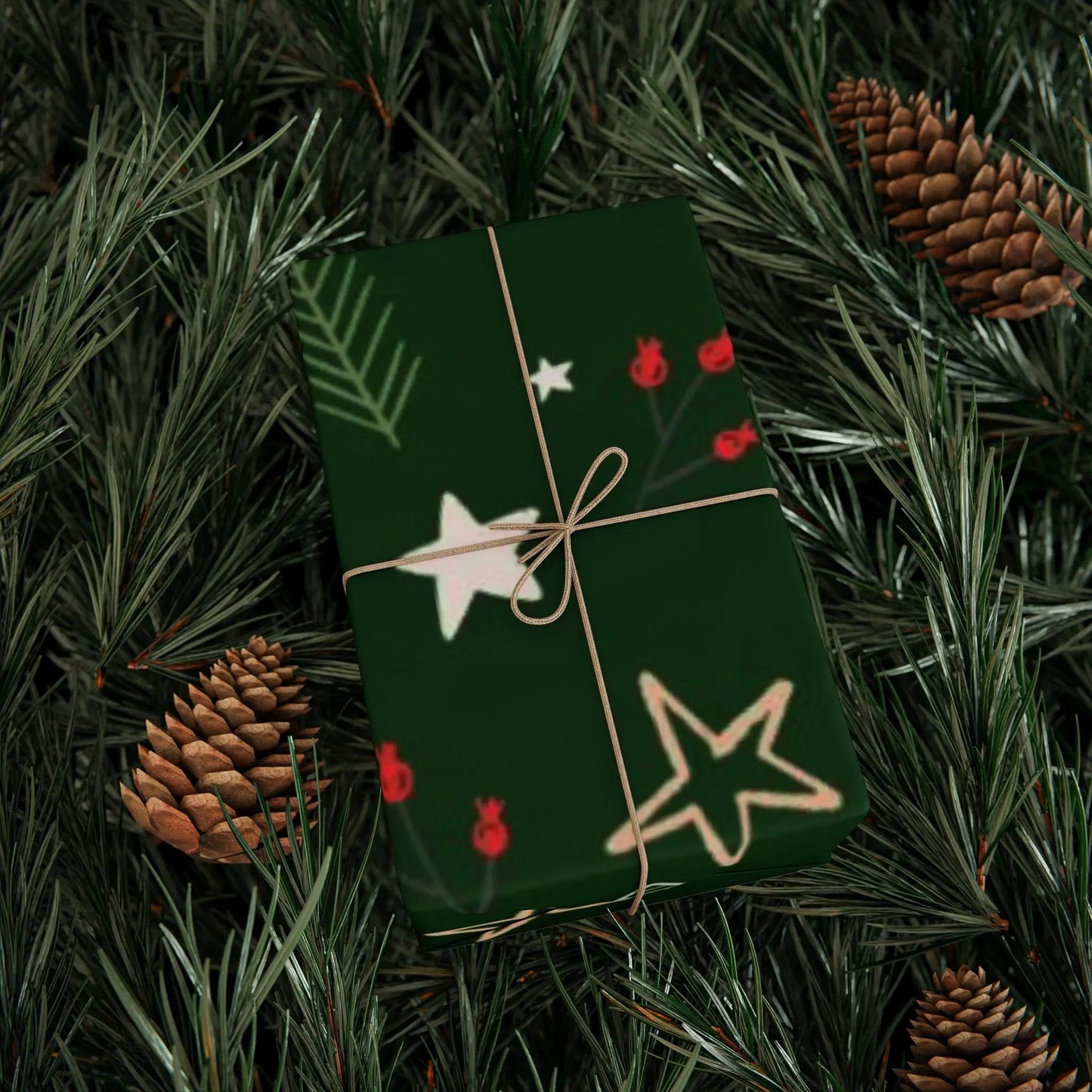 Christmas Tree Pattern Wrapping Paper — Green Holiday Gift Wrap with Stars & Pine Sprigs Printify