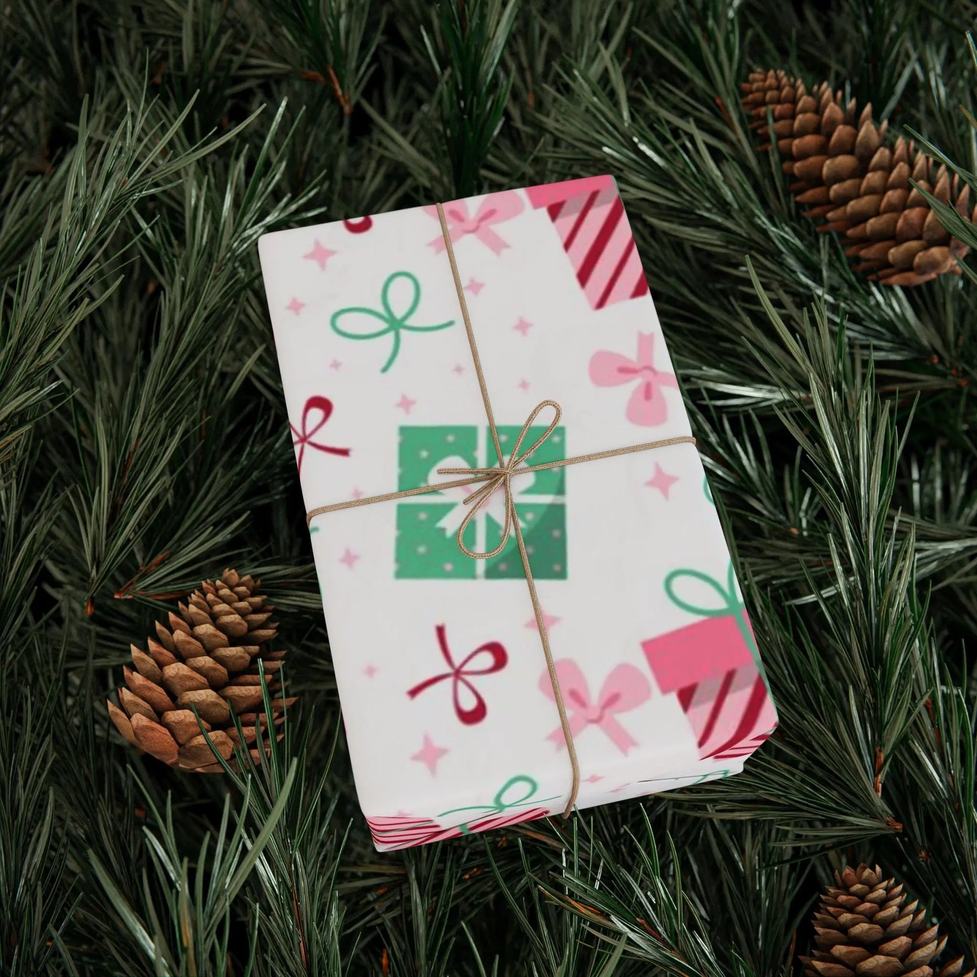 Holiday Gift Wrap Paper — Pink & Green Present Pattern (Christmas Wrapping Paper) Printify