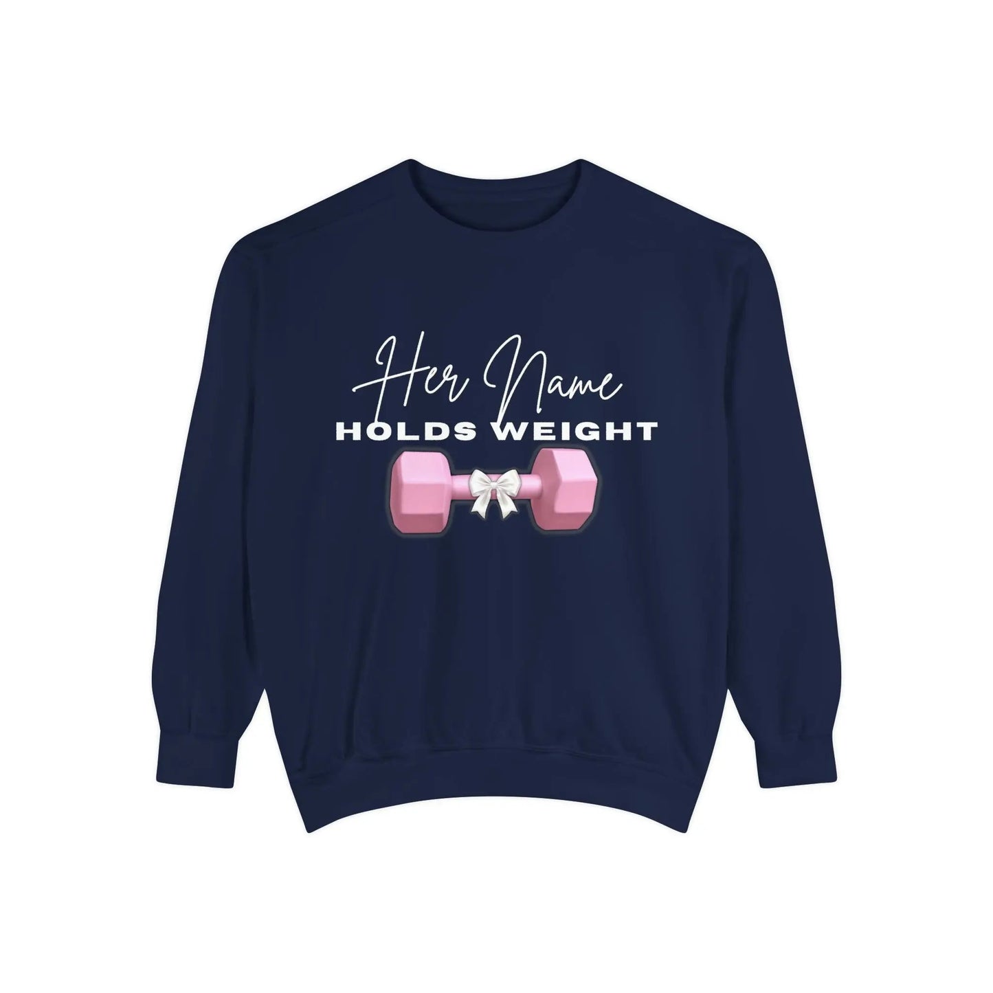 "Her Name Holds Weight" Pink Dumbbell Fitness Crewneck Sweatshirt Printify