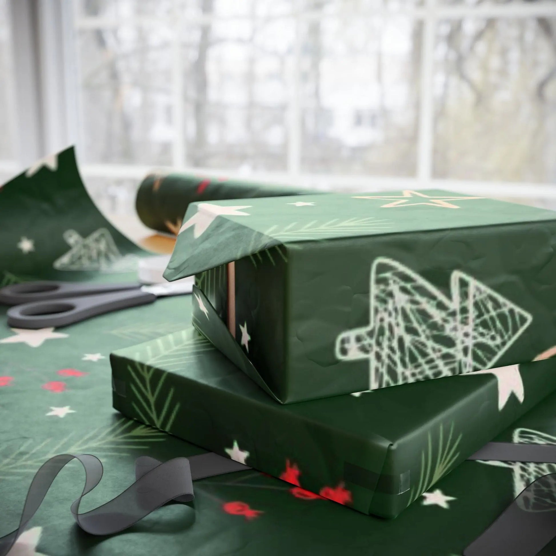 Christmas Tree Pattern Wrapping Paper — Green Holiday Gift Wrap with Stars & Pine Sprigs Printify