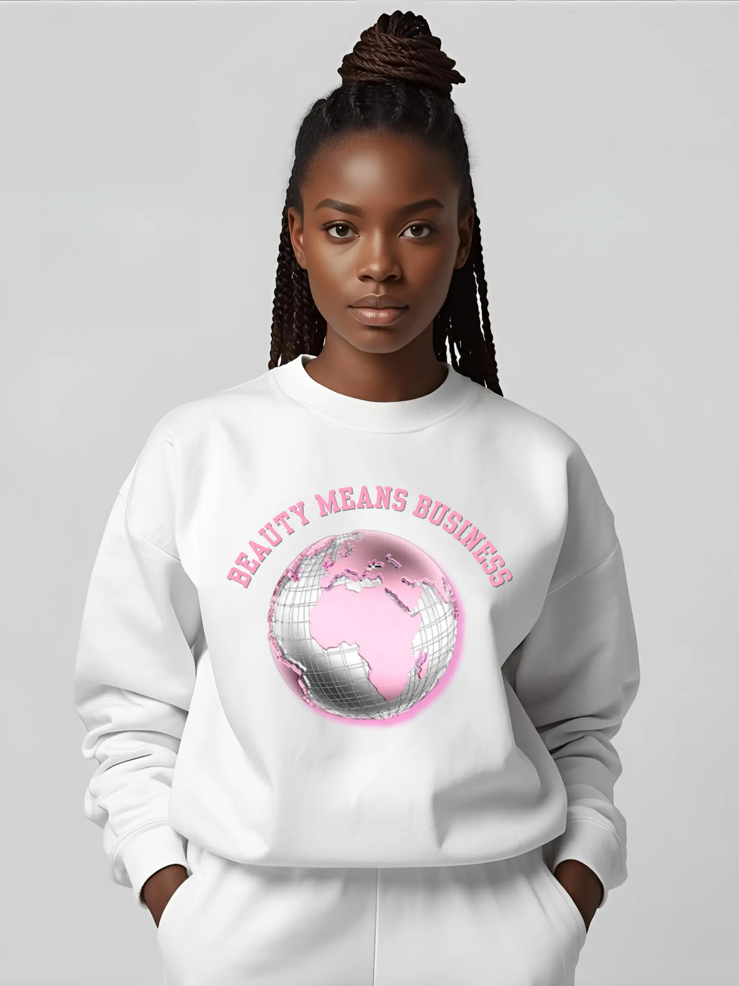 Beauty Means Business Sweatshirt — Pink Globe Graphic Crewneck Printify