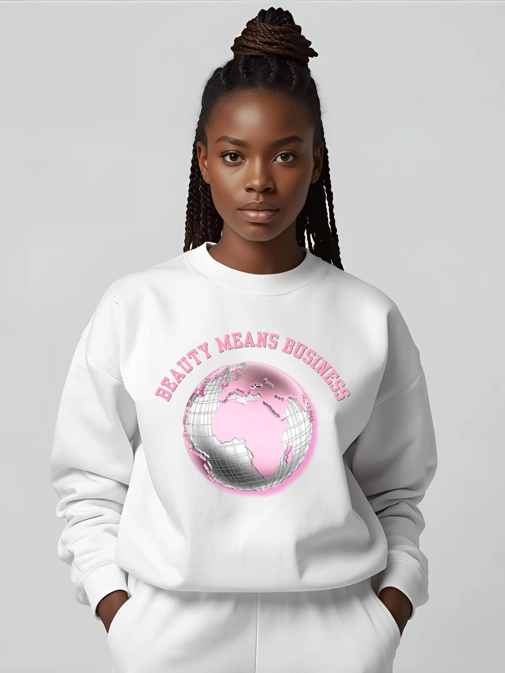 Beauty Means Business Sweatshirt — Pink Globe Graphic Crewneck Printify