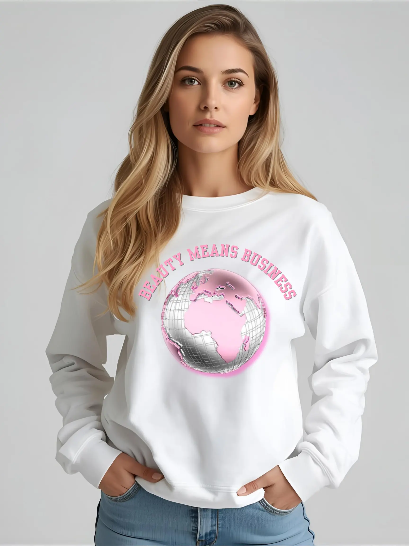 Beauty Means Business Sweatshirt — Pink Globe Graphic Crewneck Printify