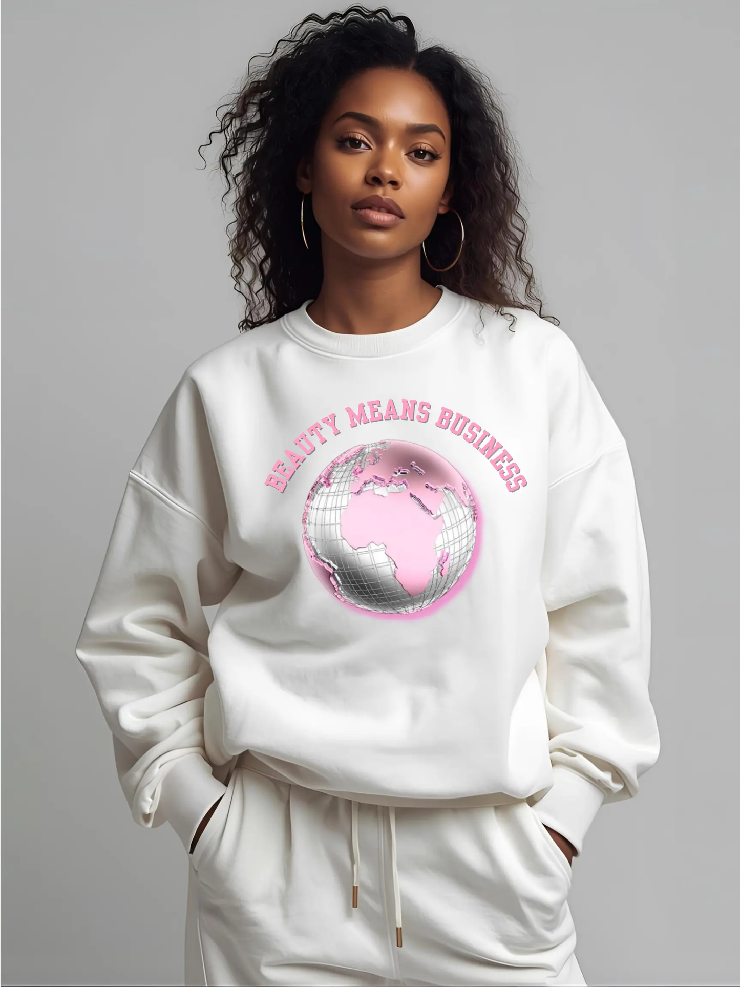 Beauty Means Business Sweatshirt — Pink Globe Graphic Crewneck Printify