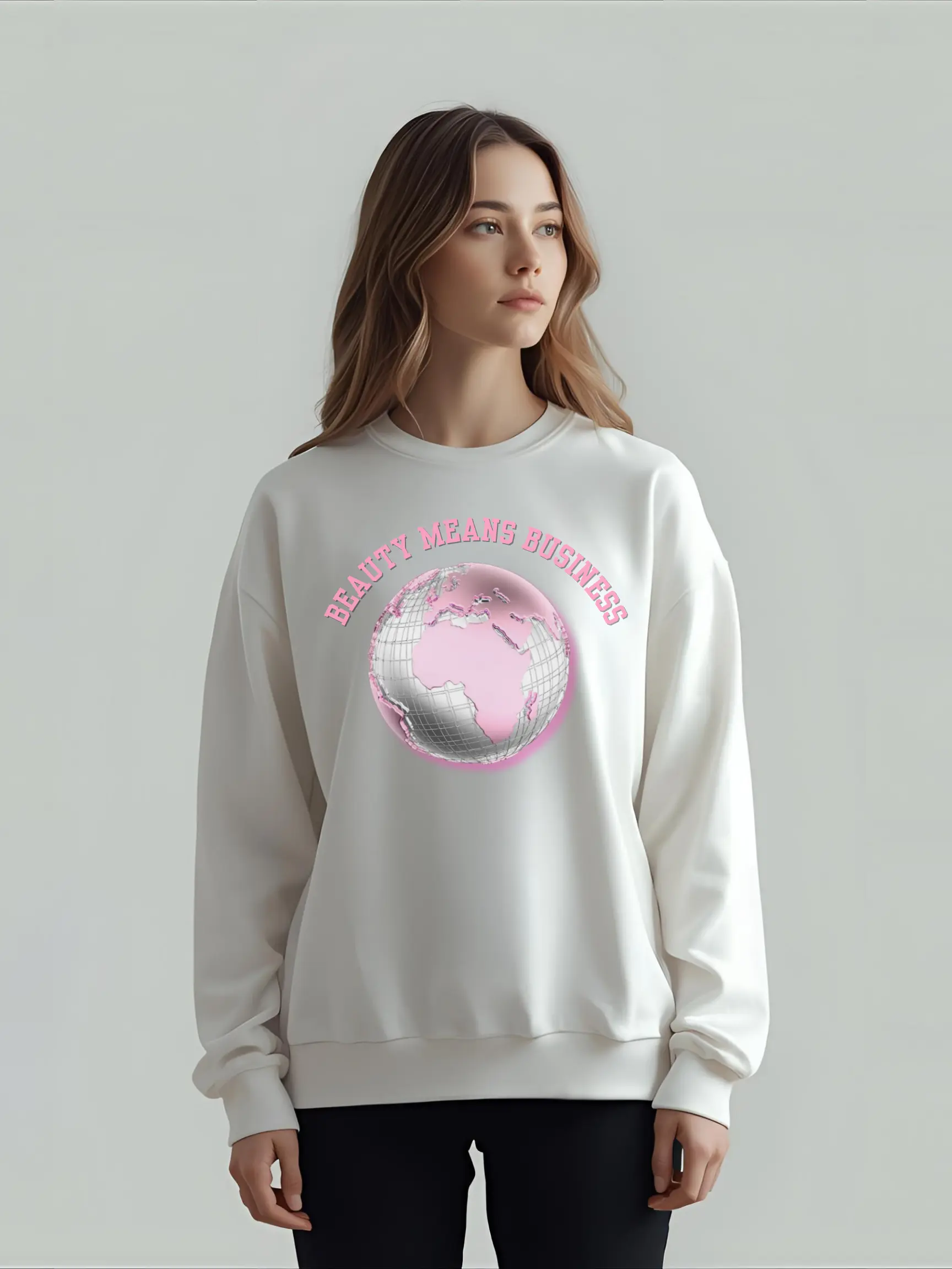 Beauty Means Business Sweatshirt — Pink Globe Graphic Crewneck Printify