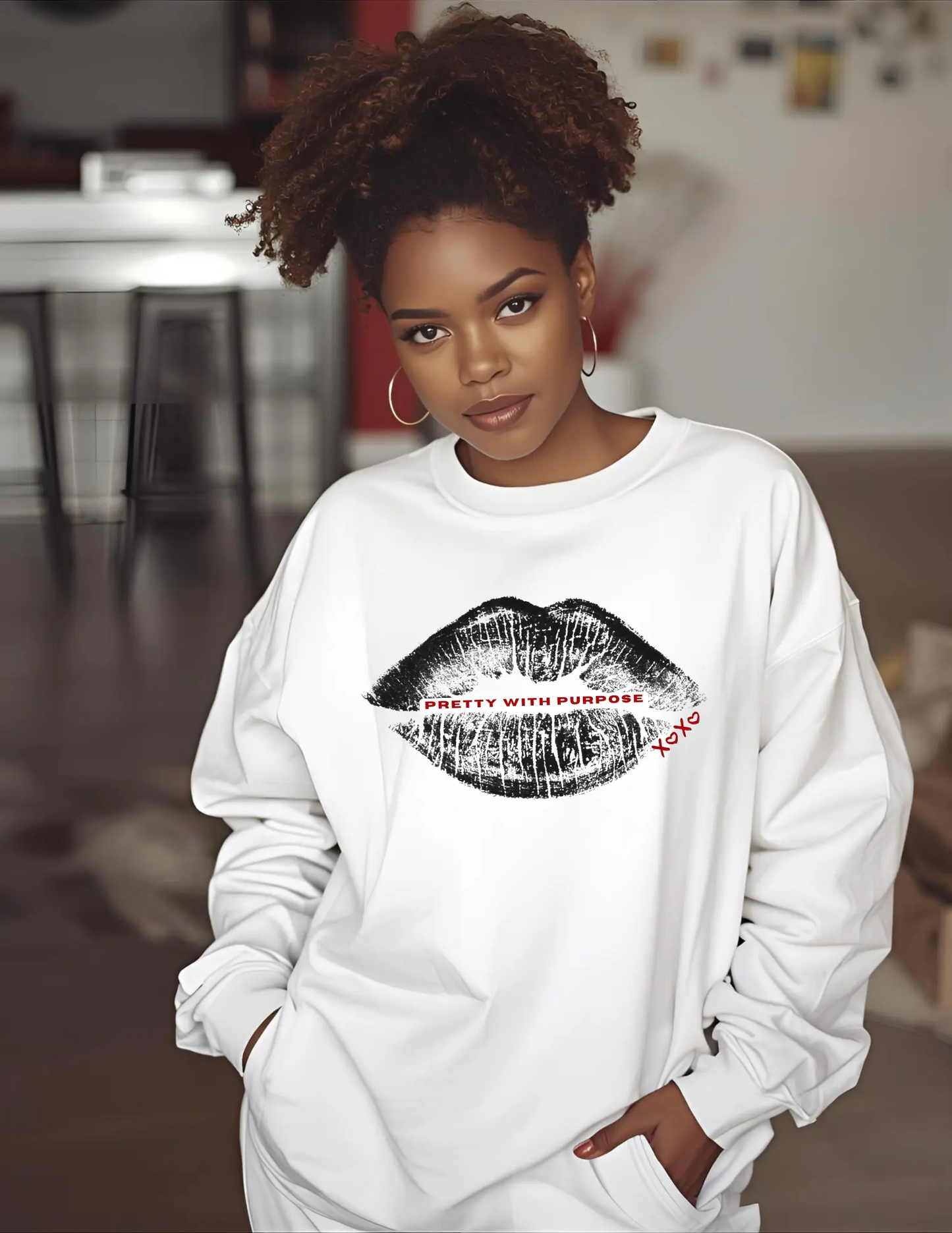 Kiss Print Sweatshirt — "Pretty With Purpose" Lip Graphic Pullover Printify